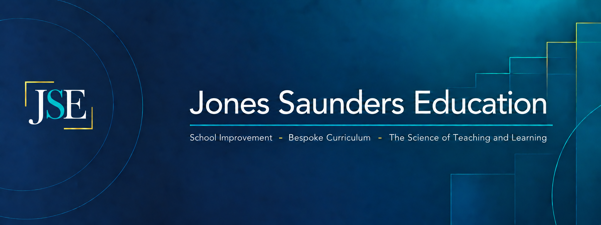 Jones Saunders Education branding in navy, teal, and gold